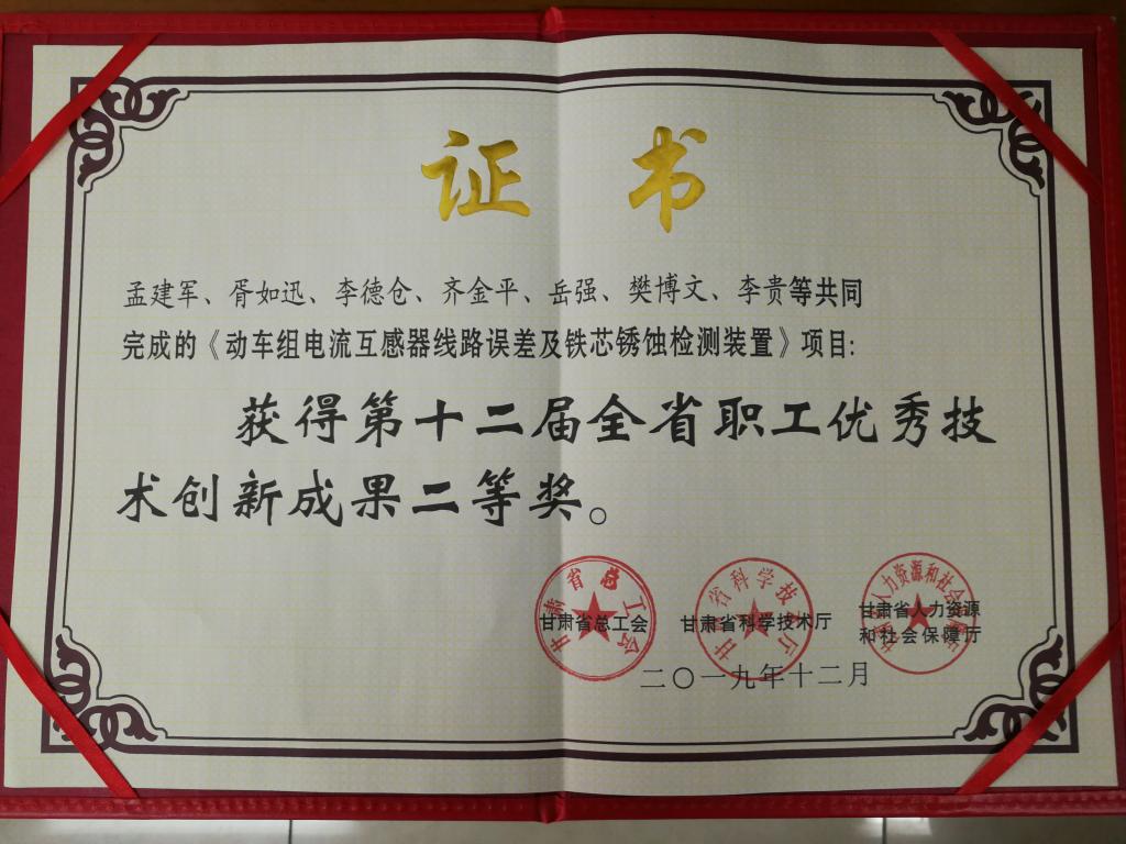 我校教师荣获甘肃省职工优秀技术创新成果二等奖